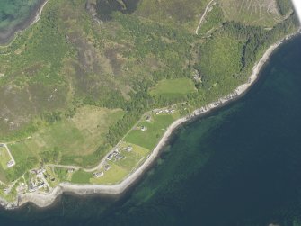 General oblique aerial view of Ardnaneaskan village and the fish trap, taken from the SW.