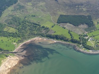 General oblique aerial view centred on the two fish traps in Applecross Bay, taken from the NW.