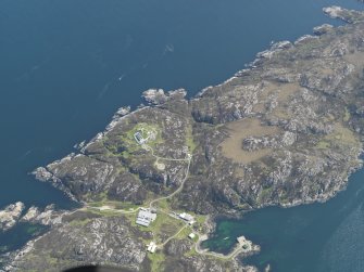 Oblique aerial view of Rona lighthouse and surroundings, taken from the NW.
