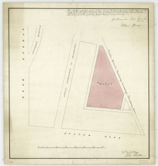Plan of Mr Orman's feu.
Insc: 'This is the Plan of the piece of ground to form Orman's Buildings referred to in the Feu Charter by the  Feoffees of Trust and George Heriot his Hospital in favor of William Orman, Builder in  Edinburgh dated the eighth day of April Eighteen hundred and sixty nine -' '12 Royal Exchange'.
Signed: '[...] Chambers Lord Provost   Per[..]' 'William Orman' 'John Chesser'.
Dated: 'Edinr March 15th 1869'.