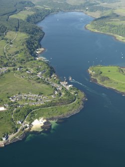 General oblique aerial view of Lochaline with the ferry looking along Loch Aline beyond, taken from the SW.