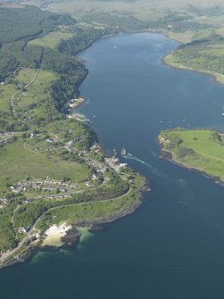 General oblique aerial view of Lochaline with the ferry looking along Loch Aline beyond, taken from the SW.