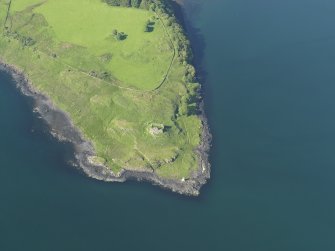 Oblique aerial view of the remains of Ardtornish Castle, taken from the SSW.