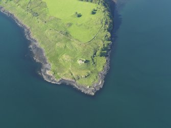 Oblique aerial view of the remains of Ardtornish Castle, taken from the SSW.