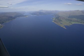 General oblique aerial view looking up Loch Linnhe towards Corran Ferry with Loch Leven to the right, taken from the SW.