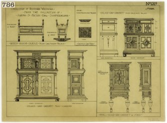 Linlithgow Palace and Lochleven.
Drawings of Queen Mary's cradle from Linlithgow Palace and inlaid oak cabinet from Lochleven.
