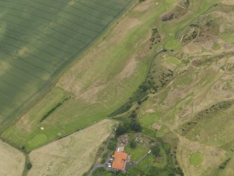 Oblique aerial view of the practice trench system showing as parchmarks in the grass of Kinghorn Golf Course, taken from the SW.