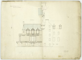 South elevation showing addition with dimensions at Castle Menzies.
Titled: '(Copy) Castle Menzies. No.7. South Elevation of addition.' '131 George Street, 14th May 1836'