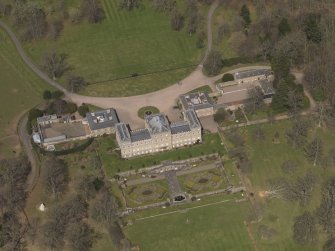 Oblique aerial view centred on Mellerstain House, the Scottish Borders, with the stable block adjacent, taken from the SSE.