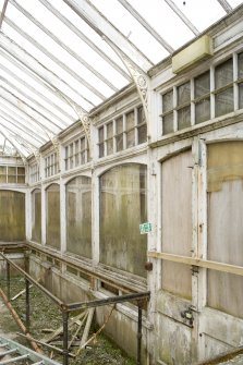 Interior. Ground floor, glass house, S wall and staging from SW