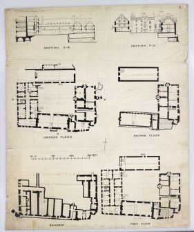 Sections and plans of ground, first, second and basement floor. 
Titled: 'Edinburgh Castle. Copied from Tarrants drawings of 1754'.