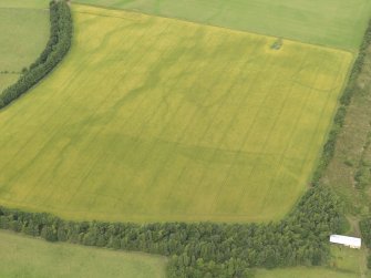 Oblique aerial view of the cropmarks of the rectilinear settlement and the pit alignment, taken from the SSE.