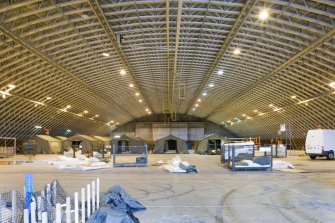 Interior.  Gnereal view showing internal space of sports hall. within L type aircraft hangar in the SE dispersal area.
