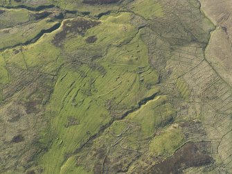 Oblique aerial view of the remains of the buildings, field boundaries and rig at Askaig, taken from the S.