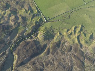 Oblique aerial view of the remains of the broch, township buildings, rig and hut-circle at Kilbraur, taken from the SSW.