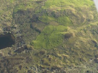 General oblique aerial view of the buildings, dykes, rig and hut-circles at Dola, taken from the ENE.