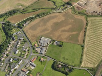 Oblique aerial view of the cropmarks of the round house and pits, taken from the W.