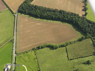 Oblique aerial view of the cropmarks of the field boundary, taken from the WNW.