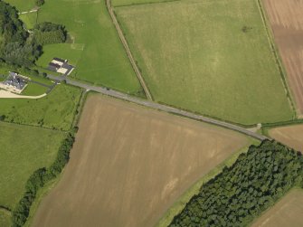 Oblique aerial view of the cropmarks of the field boundary, taken from the SSW.