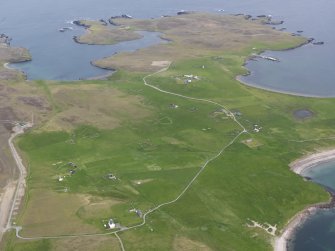 Oblique aerial view of The Biggings, Papa Stour, looking NE.