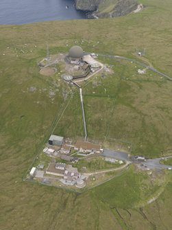 Oblique aerial view of the Saxa Vord radar station and the cairns, looking ENE.
