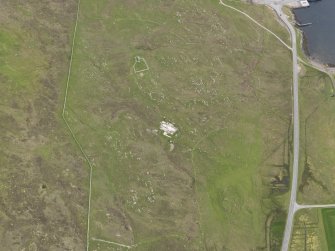 Oblique aerial view of the buildings and field systems, looking SSW.