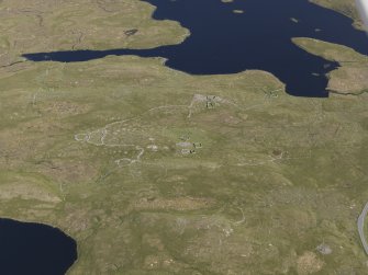 Oblique aerial view of the field systems, clearance cairns, cairns, buildings and other structures in the Loch of Flatpunds and Trolligarts area, looking SSE.