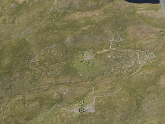 Oblique aerial view centred on the remains of the field systems, clearance cairns, heel-shaped cairn, buildings and enclosures at Flatpunds, looking NNW.