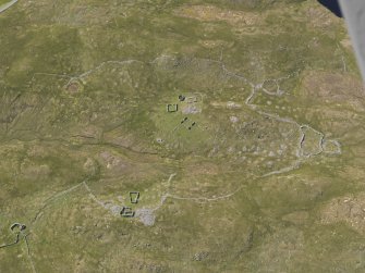 Oblique aerial view centred on the remains of the field systems, clearance cairns, heel-shaped cairn, buildings and enclosures at Flatpunds, looking NW.