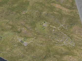 Oblique aerial view centred on the remains of the field systems, clearance cairns, heel-shaped cairn, buildings and enclosures at Flatpunds, looking NW.