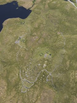 Oblique aerial view centred on the remains of the field systems, clearance cairns, heel-shaped cairn, buildings and enclosures at Flatpunds, looking SW.