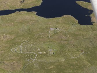 Oblique aerial view centred on the remains of the field systems, clearance cairns, heel-shaped cairn, buildings and enclosures at Flatpunds, looking SSE.