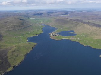 General oblique aerial view of Weisdale Voe and Hellister, looking NNE.