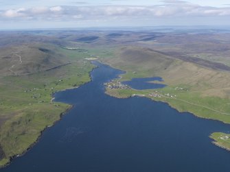 General oblique aerial view of Weisdale Voe and Hellister, looking NNE.