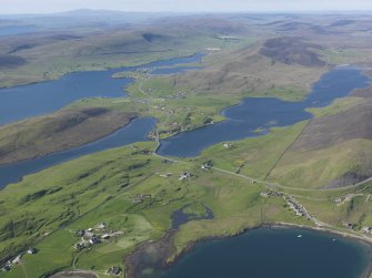 General oblique aerial view of Loch of Strom with Weisdale Voe beyond, looking N.