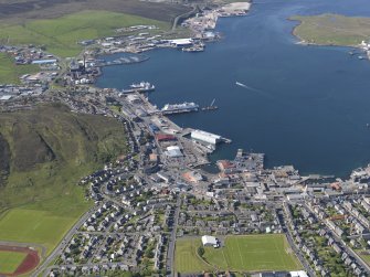 Oblique aerial view of the Holmsgath ferry terminal area of Lerwick, looking NNW.