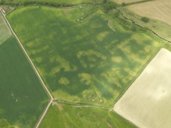 Oblique aerial view of the cropmarks of the round house, taken from the SSE.