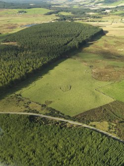 General oblique aerial view looking across the remains of Elsie the Greater Recumbent Stone Circle, taken from the E.