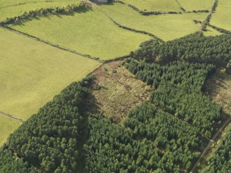 Oblique aerial view of the remains of Clune Wood Recumbent Stone Circle, taken from the NNE.