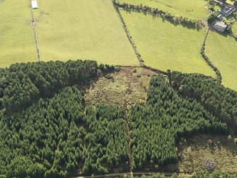 Oblique aerial view of the remains of Clune Wood Recumbent Stone Circle, taken from the N.