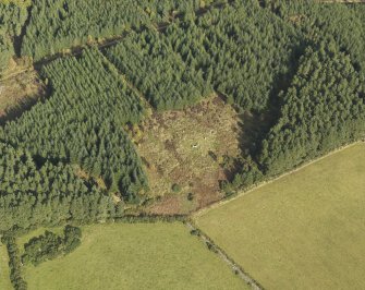 Oblique aerial view of the remains of Clune Wood Recumbent Stone Circle, taken from the SSW.