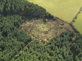 Oblique aerial view of the remains of Clune Wood Recumbent Stone Circle, taken from the NW.