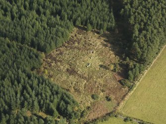 Oblique aerial view of the remains of Clune Wood Recumbent Stone Circle, taken from the SW.