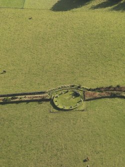 Oblique aerial view of East Aquhorthies recumbent stone circle, taken from the NW.