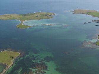 General oblique aerial view looking across Papa Sound towards Papa Stronsay, taken from the W.