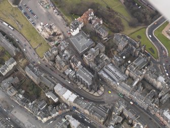 General oblique aerial view of Castlehill centred on the church, taken from the E.