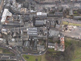 General oblique aerial view of Castlehill centred on the church, taken from the N.