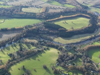 General oblique aerial view looking over Doune Castle towards the excavations, taken from the ENE.