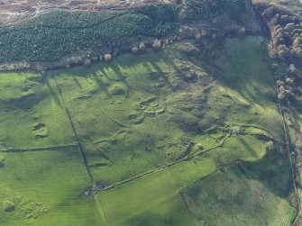 Oblique aerial view of the remains of the settlement and field boundaries, taken from the NE.