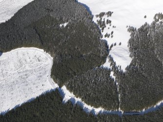 Oblique aerial view of scooped settlement and settlement under snow, looking to NE.